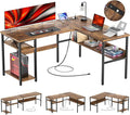 Reversible L Shaped Computer Desk with Power Outlets and USB Charging Ports, Sturdy Corner Desks with Storage Shelf, Modern Work Gaming Table for Home Office, Easy to Assemble, Rustic Brown