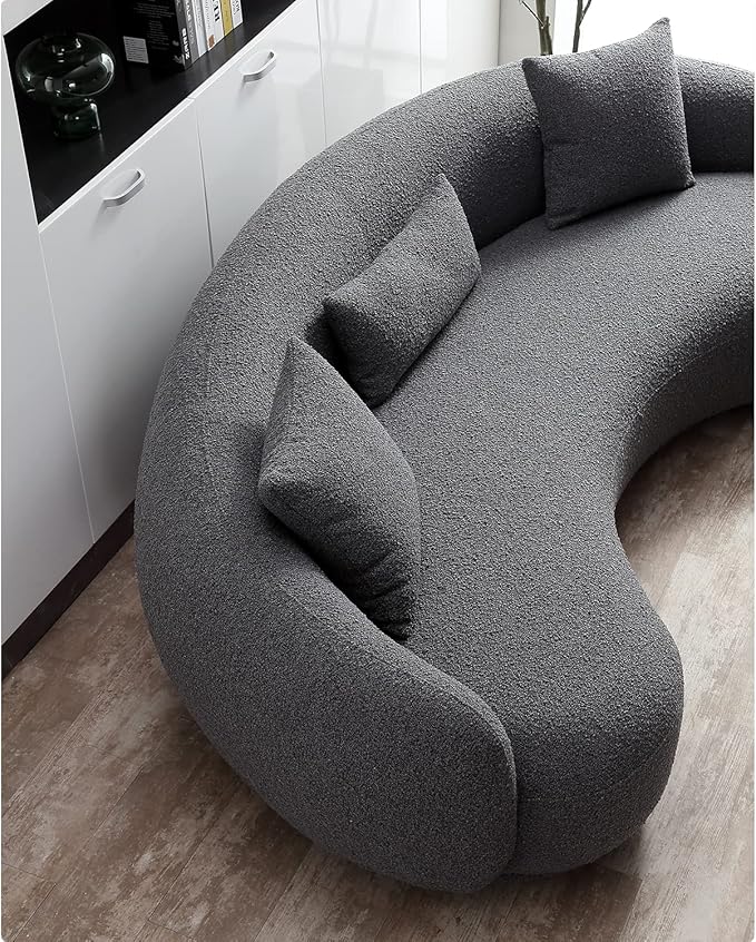 Acanva Mid Century Modern Curved Living Room Sofa, 4-Seat Boucle Fabric Couch for Bedroom, Office, Apartment, Grey
