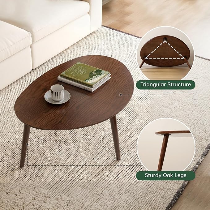 Small Oval Nesting Table, Mid Century Coffee Tables for Living Room,Solid Oak Wood Side Table,Triangle Tabletop with 3 Legs,Minimalist Display End Tables (Walnut Color, Combine)