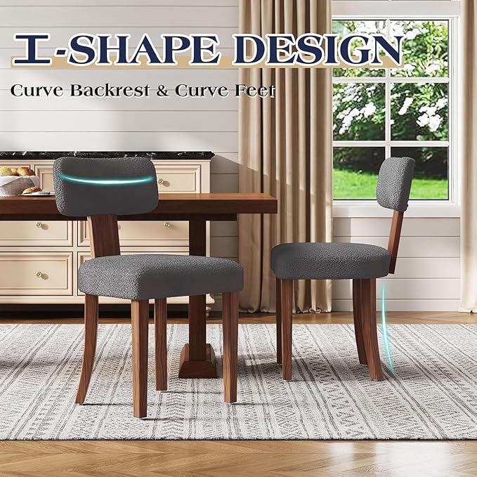 Farmhouse Chair Set of 4, Mid Century Modern Dining Chairs, Sherpa Upholstered Kitchen Chairs with Curved Backrest & Adjustable Legs for Living Room/Bedroom, Easy to Install, Grey Sherpa