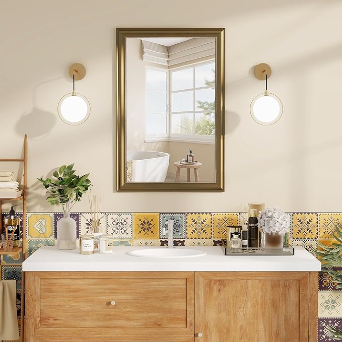 Axeman 32x48 Rectangular Wall Mirror, Decorative Bathroom Mirror, Traditional Vintage Wall Mounted Mirror with Beaded Frame for Accent Living Room Vanity Bedroom Entryway, Gold