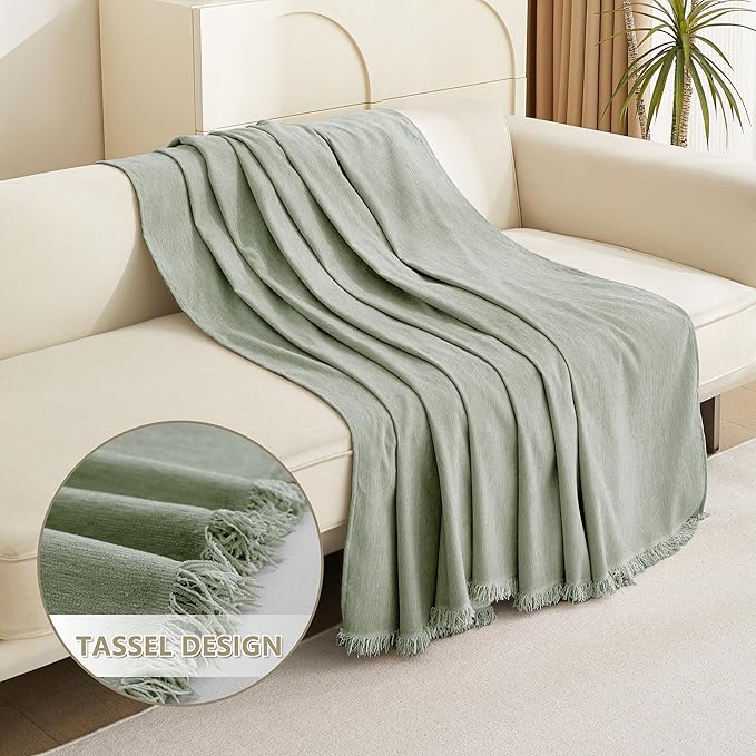 MYSKY HOME Green Sofa Covers Tassel Couch Cover for Pet Dogs Sage Couch Cushion Covers for L Shape Universal Chenille Sofa Throw Cover Washable Sectional Couch Covers for Living Room, 71" X102"