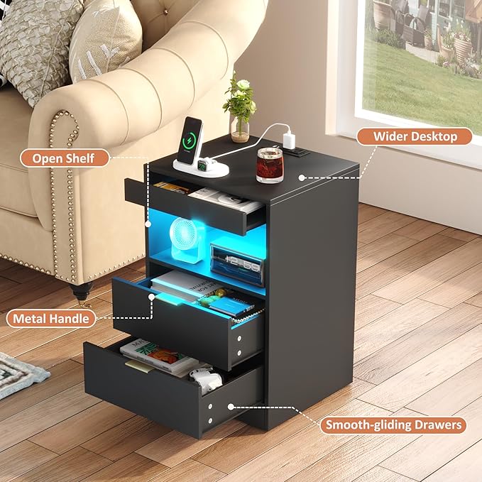 Gadroad LED Nightstand with Charging Station, Bedside Table with 3 Drawers and LED Lights, End Table Sofa Couch Side Table with Pull-Out Shelf, Black