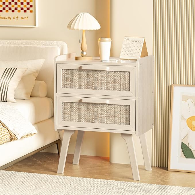 Lerliuo Rattan Nightstands Set of 2, Boho Night Stand with 2 Drawers, Cane Accent Side End Table, Bedside Table with Solid Wood Legs for Bedroom, Dorm and Small Spaces (Grey Oak)
