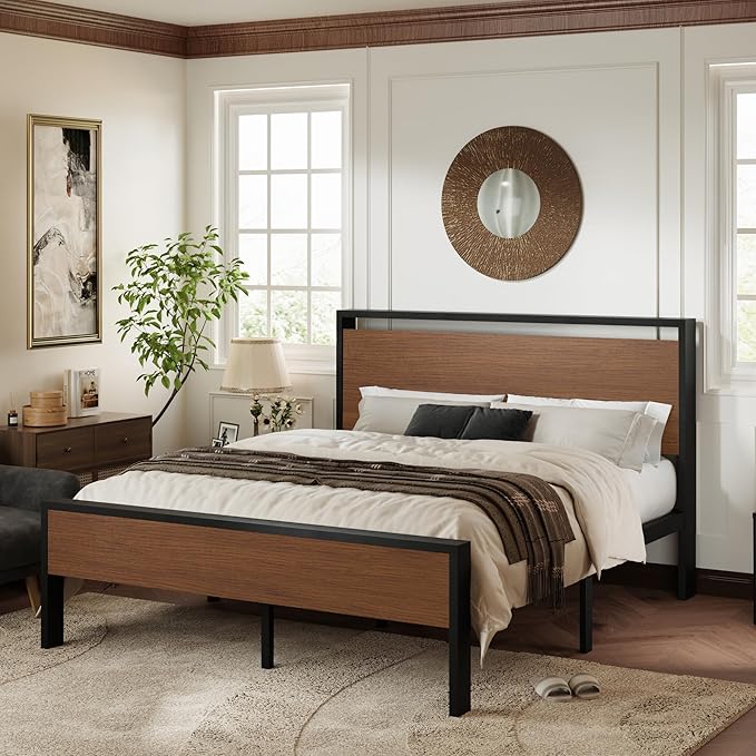 Allewie Queen Size Platform Bed Frame with Wooden Headboard and Footboard, Heavy Duty 12 Metal Slats Support, No Box Spring Needed, Under-Bed Storage, Noise Free, Easy Assembly, Walnut