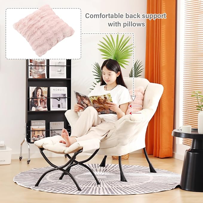 Lazy Chair with Ottoman, Modern Lounge Accent Chair with Armrests and a Throw Pillow, Leisure Sofa Chair Set, Reading Chair with Footrest for Living Room, Bedroom, Dorm Room, Office, Beige