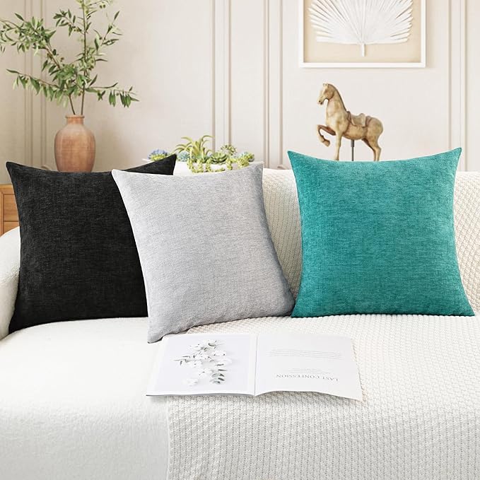 CaliTime Throw Pillow Covers Decorative 20 X 20 Inches Pack of 2 Cozy Chenille Cushion Cases for Couch Sofa Bed Living Room Home Black
