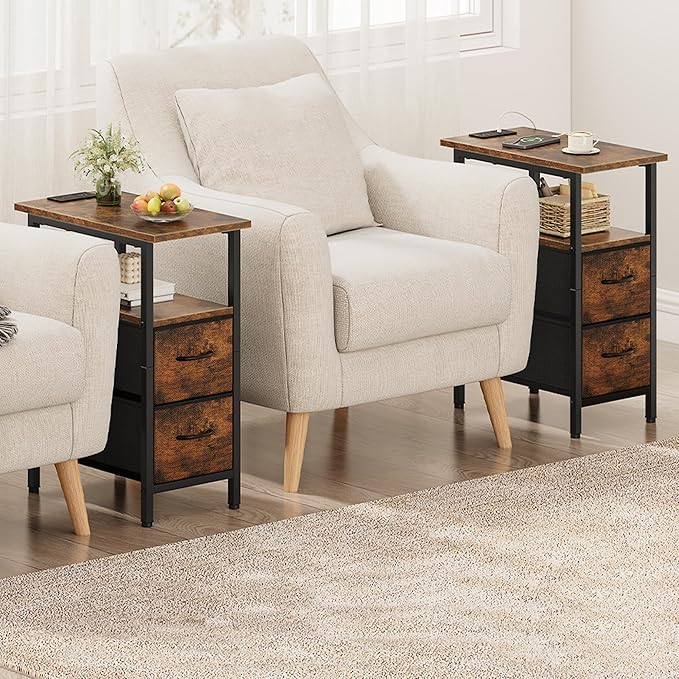 Vagusicc Set of 2 Nightstand with Charging Station and LED Lights, Narrow Side Table, LED Night Stand with 2 Fabric Drawers, Bedside Table Small End Table, Tall Nightstand for Bedroom, Rustic Brown