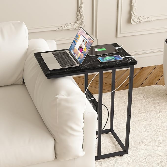 VECELO C Shaped End Side Table with Charging Station & Power Outlets for Couch Sofa/Bed, Snack TV Tray with Metal Frame for Living Room Bedroom 2 Set, Black Marble