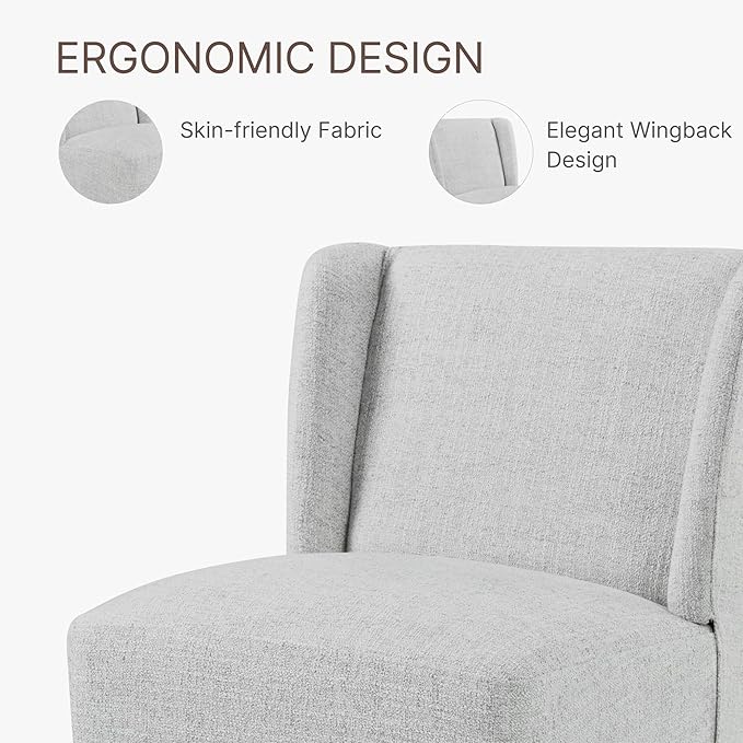 Upholstered Dining Chair with Casters Wingback Modern Side Armless Deskchair with Rollers for Diningroom Bedroom Livingroom Reading Room,Light Grey,1 Box