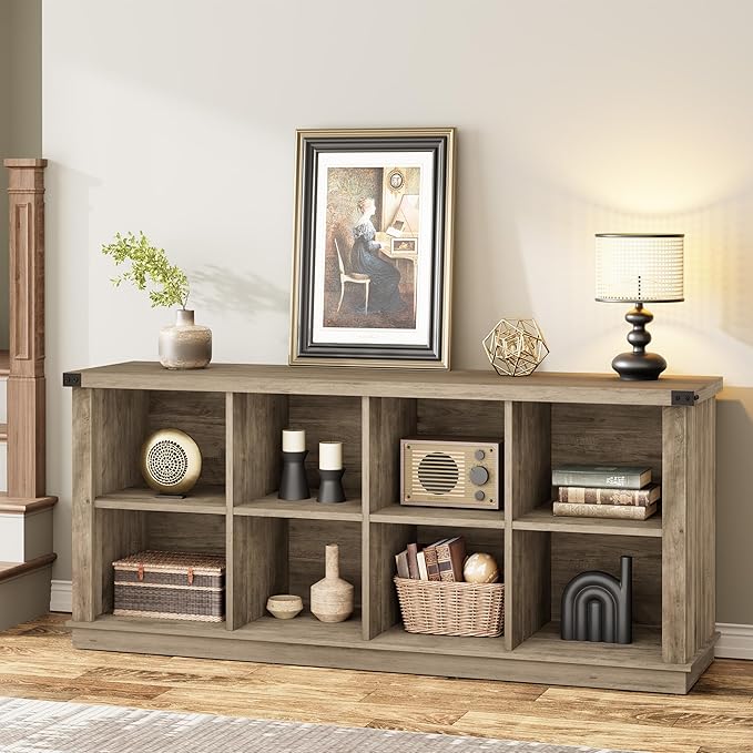 GarveeHome 8 Cube Storage Organizer Bookshelf, Farmhouse Horizontal Bookcase, 62 Inch Wood Storage Bookcase for Entryway, Long Low Bookshelves for Living Room (Grey, 8 Cube)