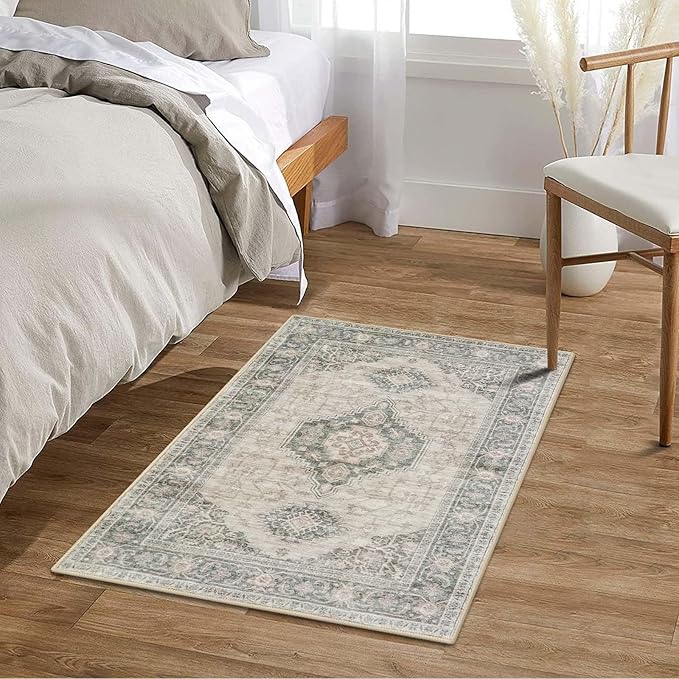 Lahome Oriental Kitchen Rugs Non Slip, 2x3 Small Rugs for Bedroom Entryway, Soft Door Mat Indoor Entrance Vintage Ultra-Thin Carpet for Kitchen Bathroom Bedroom, Grey/Brown