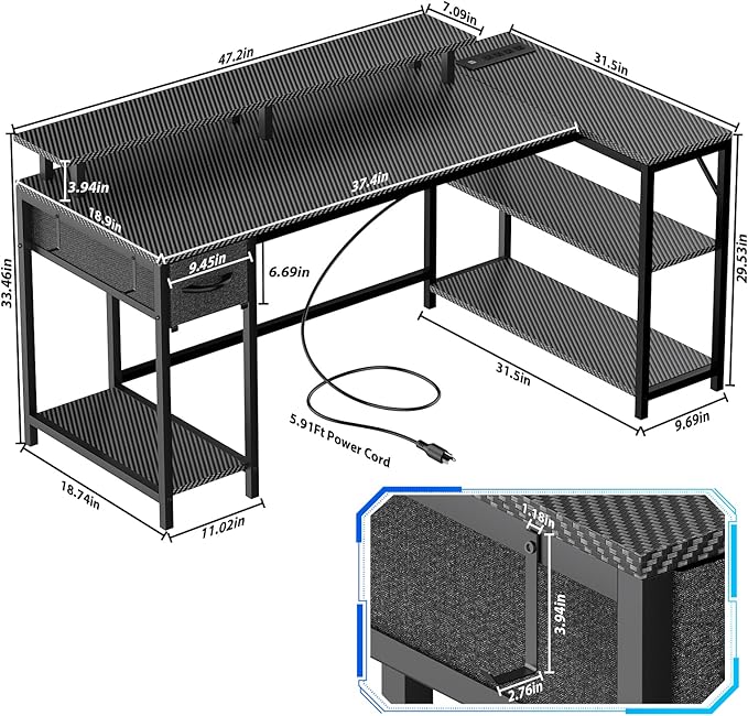 47 inch Gaming Desk with USB Charging Ports and LED Light, Reversible L Shaped Desk, L Shaped Desk with Hook & Monitor Stand, Computer Desk with Drawer and Shelves for Home Office Bedroom