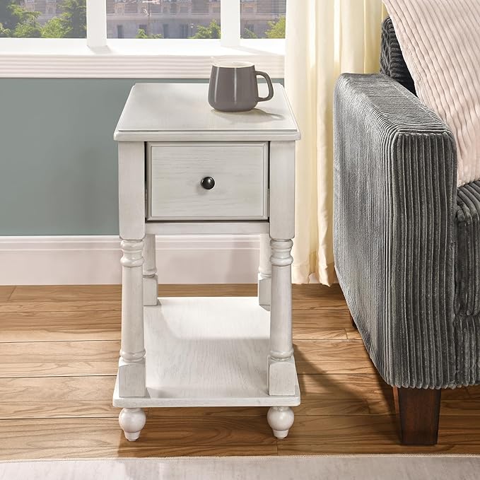 LEEMTORIG Solid Wood End Table Narrow Side Table with Drawer, Cherry Wood End Table Living Room, 13" W Slim Bedside Table Small Nightstand, 22" D x 22.7" H, No-Tools Assembly, Gray White BBJ-004-RW