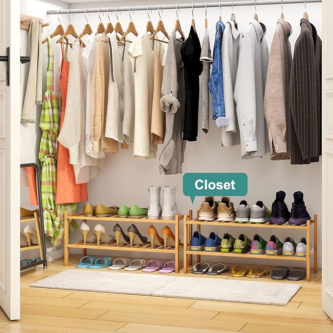 2-Tier Bamboo Shoe Rack for Entryway, Bamboo Wood Shoe Organizer for Hallway Closet, Free Standing Shoe Racks for Indoor Outdoor