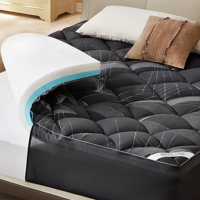 Bedlore 4-Inch Full Mattress Topper for Back Pain - Dual Layer Medium Support (2" Gel Memory Foam + 2" Cooling Fluffy Pillow Top Pad), Breathable & Pressure Relief (Gray)
