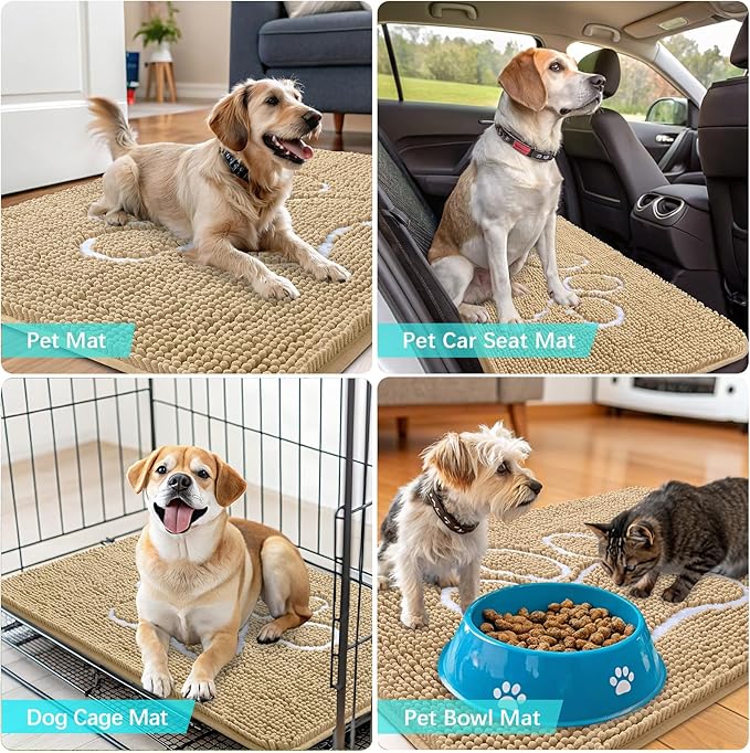 OLANLY Door Mat for Muddy Dog Paws 47x32, Ultra Absorbent Chenille Mud Doormat with Paw Print Design, Non-Slip Washable Doormat for Indoor Entryway, Quick-Dry Pet Bed Mats for Dirty Dogs, Beige