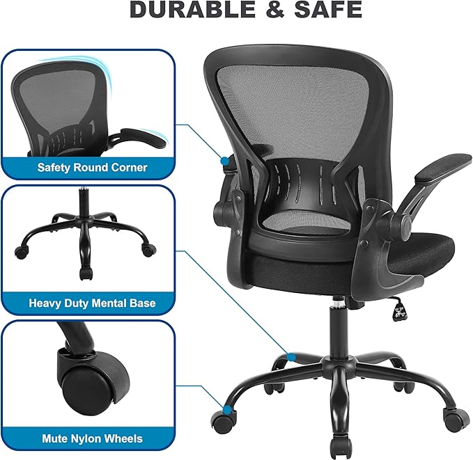 Mesh Office Chair, Ergonomic Home Office Desk Chairs with Flip-up Arms and Lumbar Support, Height Adjustable, Black