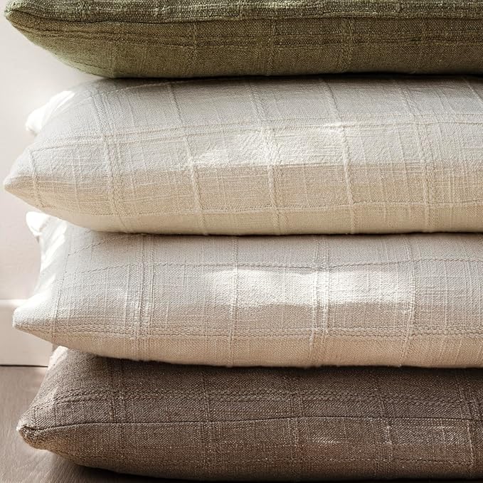 Foindtower Set of 2 Decorative Linen Check Throw Pillow Covers Neutral Farmhouse Vintage Cushion Covers Modern Boho Home Decor for Sofa Chair Couch Bedroom Living Room Outdoor,16×16 Inch,Taupe Grey
