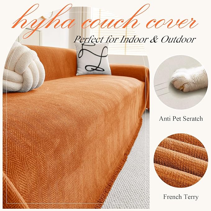 hyha Couch Cover for Dogs, Boho Sofa Covers for 3 Cushion Couch Washable, Chenille Sofa Slipcover for Pets, Soft Loveseat Sectional Couch Throw Blankets with Tassels (Orange, 88.5x134 Inch)