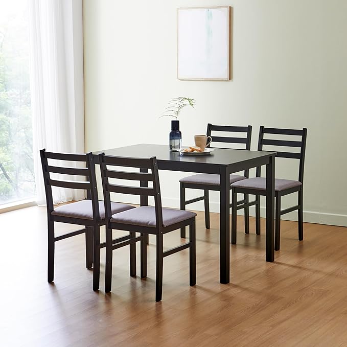 Livinia Seattle 5-Piece Wooden Dining Table Set for 4, Modern Farmhouse Kitchen Dining Room Set with Solid Wood Ladder Back Chairs for Small Space (Black)
