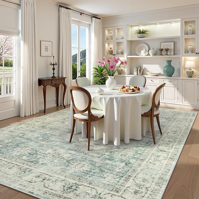 LIVEBOX Washable Area Rug 8x10 Rugs for Living Room Bedroom, Non-Slip Boho Indoor Carpet for Dining Room Office, Low-Pile Farmhouse Soft Carpets for Kids Nursery Playroom, Sage Green
