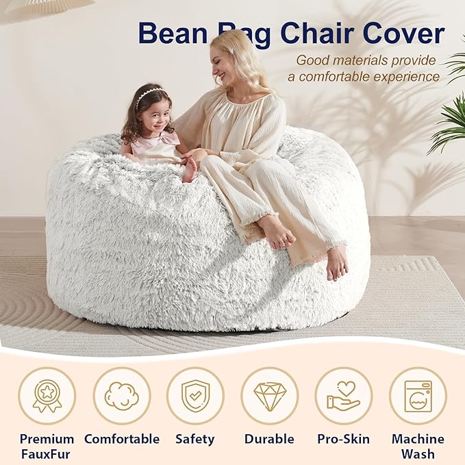 Stuffed Animal Storage Bean Bag (Cover Only), Adult Bean Bag Chair Covers Machine Washable, 5FT White Bean Bag Chair Without Filler Included