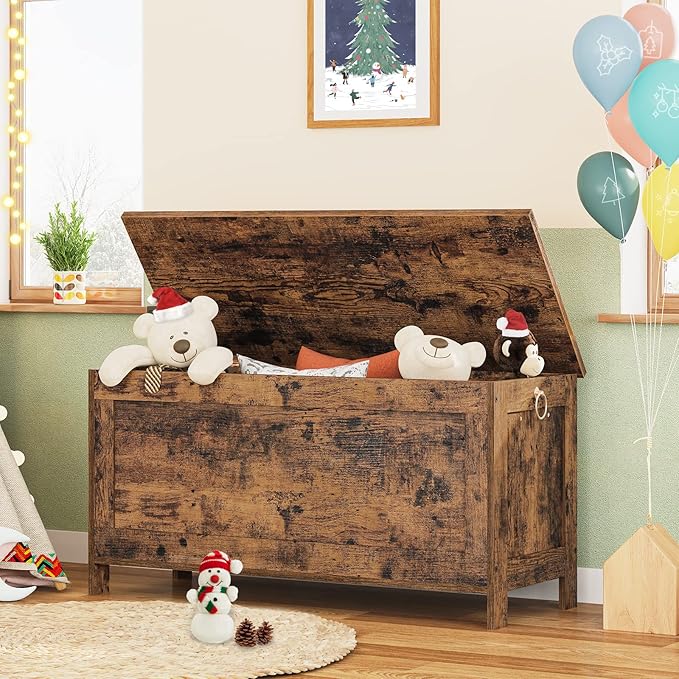 HOOBRO Toy Box, Retro Wooden Look Storage Chest with Safety Hinge, Entryway Storage Bench Supports 220 lb, 39.4 x 15.7 x 18.9 Inches Toy Chest Organizer, Easy Assembly (Rustic Brown) BF100CW01