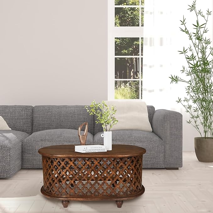 The Wooden Town Solid Mango Wood Coffee Table - Oval Center Table for Living Room, Tea Table, Wooden Accent Table, 36x21x18 Inches - Handcrafted Modern Furniture for Home Décor