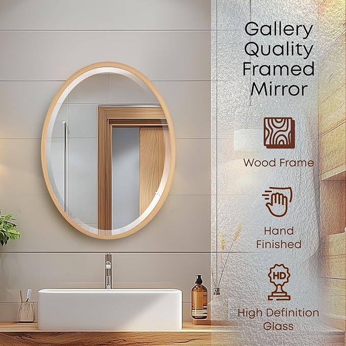 OVALCREST - Oval Wooden Beveled Wall Mirror for Home Decor, Bathroom, Vanity, Bedroom, Living Room, Hallway - London Style (Gold Paint) 21.1 x 25.1