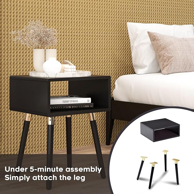 Bme Dinkee Solid Wood Nightstand, Fully Assembled, Without Drawer for Mid Century Bedroom and Living Room, Black