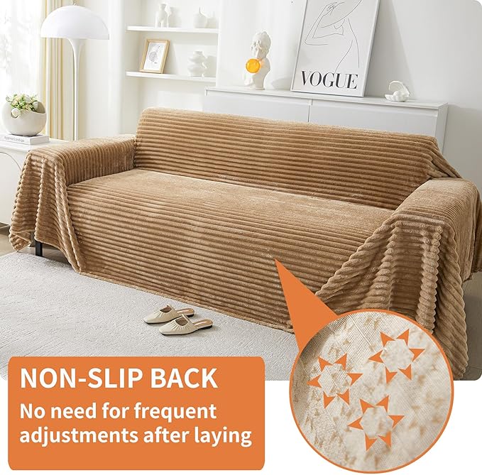 HAOMAIJIA Faux Fur Sofa Covers Couch Covers for 3 Cushion Couch Sofa Pet Friendly Soft Non Slip Couch Cover for Dogs Washable Sectional Couch Covers L Shape Furniture Protector (Khaki, 71"x134")