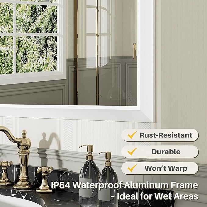 60x36 Inch White Bathroom Mirror for Wall, Thick Metal Framed Rectangle Mirrors for Over Sink, Bedroom, Living Room, Entryway, Anti-Rust, HD Tempered Glass