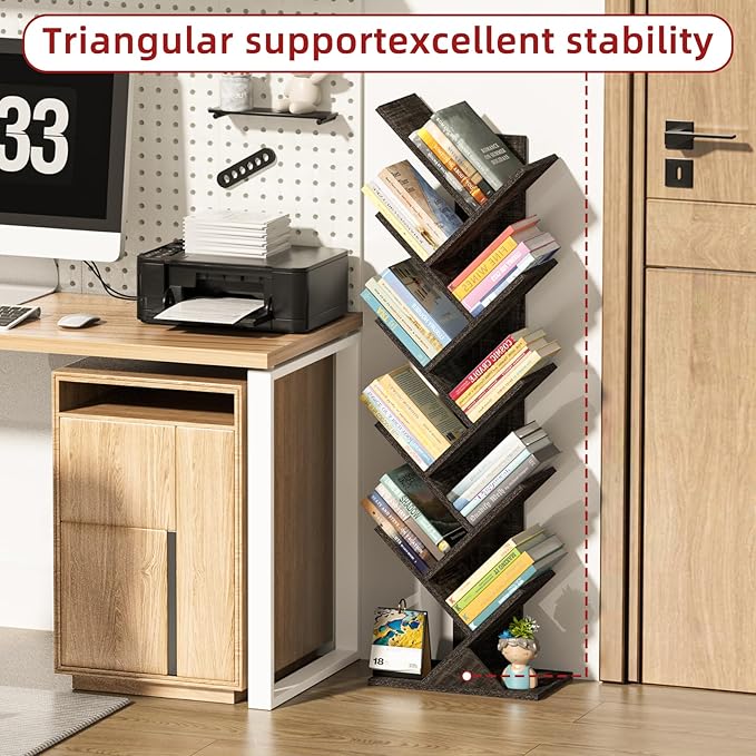 10 Tier Tree Book Shelf, Floor Standing Wood Bookshelf for Narrow Space, Storage Organizer Bookshelves for Books/CDs/Magazine, Bookcase with Shelves for Home Office, Living Room - Dark Grey