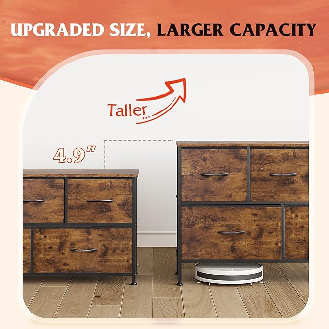 WLIVE Dresser for Bedroom with 5 Drawers, Long Fabric Dresser, Storage Drawer Unit with Fabric Bins for Closet, Hallway, Rustic Brown Wood Grain Print, Size L