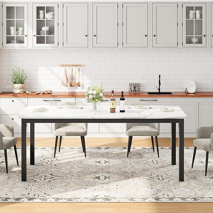 GarveeHome 70.8in Industrial Dining Table for 6, Wooden Long Dinner Table with Mortise Tenon Design, Kitchen Table with Sturdy Metal Legs, for Dining Room Home Office Living Room, White