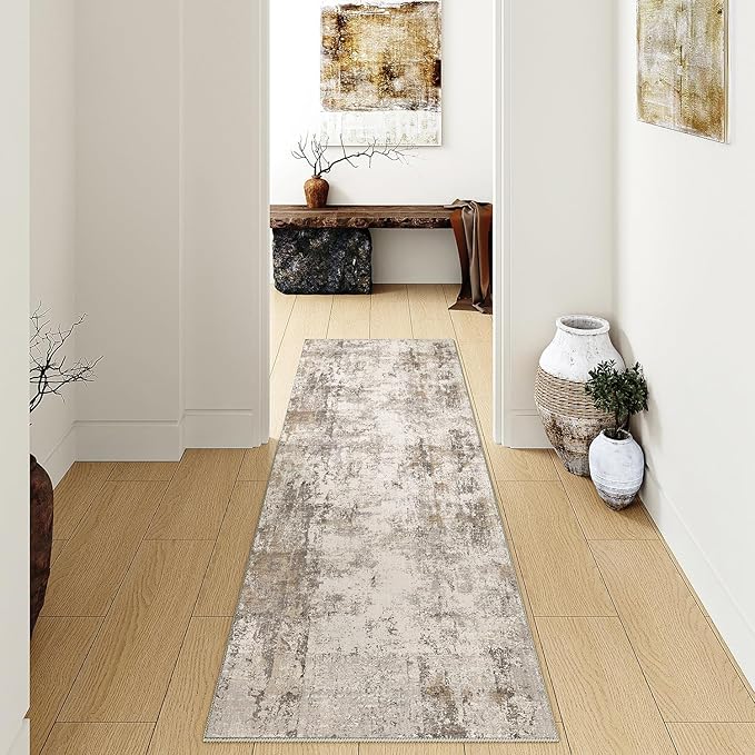 3x12 Washable Runner Rug Brown Grey Neutral Abstract Hallway Kitchen Living Room Bedroom Non Slip Throw Rug Soft Low Pile Indoor Carpet for Entrance Laundry Bathroom