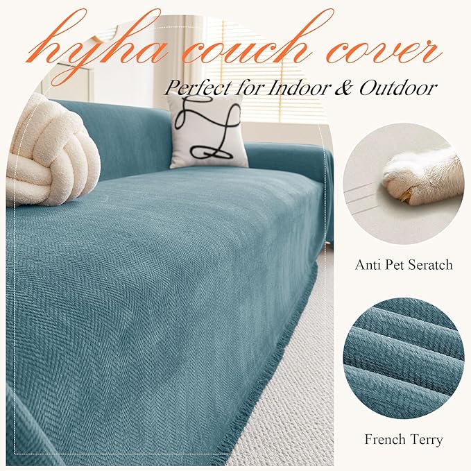 hyha Couch Cover for Dogs, Boho Sofa Covers for 3 Cushion Couch Washable, Chenille Sofa Slipcover for Pets, Soft Loveseat Sectional Couch Throw Blankets with Tassels (Blue, 88.5x150 Inch)