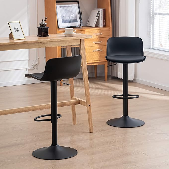 YOUTASTE Black Bar Stools Set of 2 Counter Height Bar Stool Upholstered Adjustable Swivel Metal High Back Bar Chairs PU Soft Cushion for Home and Kitchen