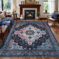 6x9 Area Rug Washable Rug for Living Room, Vintage Rug Indoor Non Slip Large Area Rugs, Print Distressed Brown Carpet, Soft Low Pile Foldable for Dining Room Bedroom Office Navy/Multi