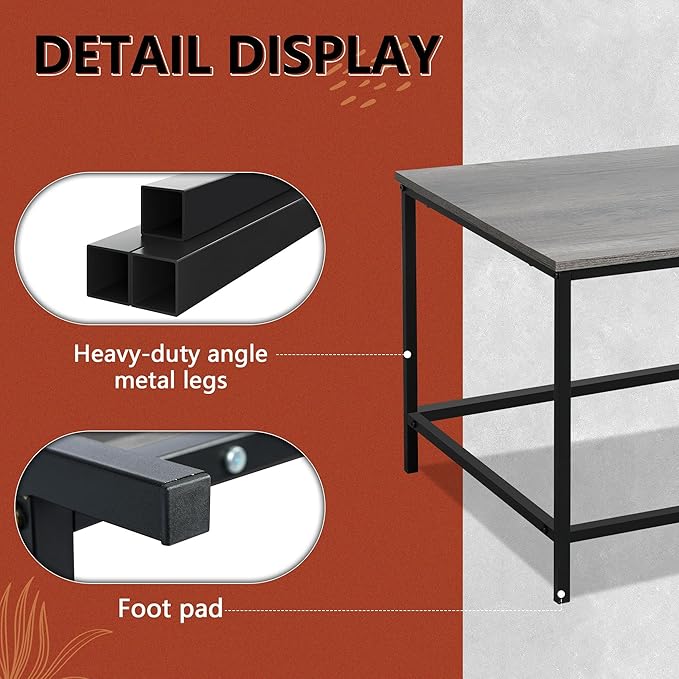 SENIG Modern Industrial Style Rectangular Coffee Table, Grey Wood and Sturdy Metal Side End Table, Rustic Accent Functional Coffee Table for Living Room. 39.3 x 20 x 16