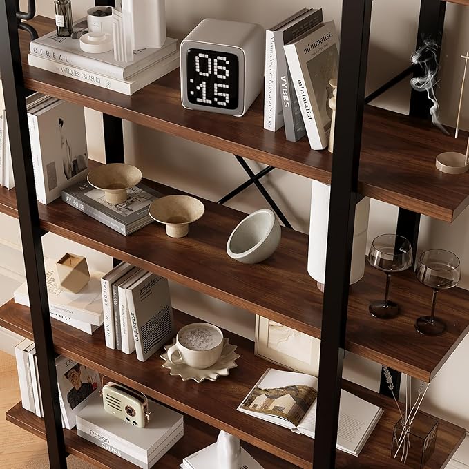 Industrial Bookshelf with 5 Shelves, Solid Wood core Bookcase,Walnut Wood and Black Metal Frame, Large Open Storage Display Unit (Dark Walnut, 5 Tiers)