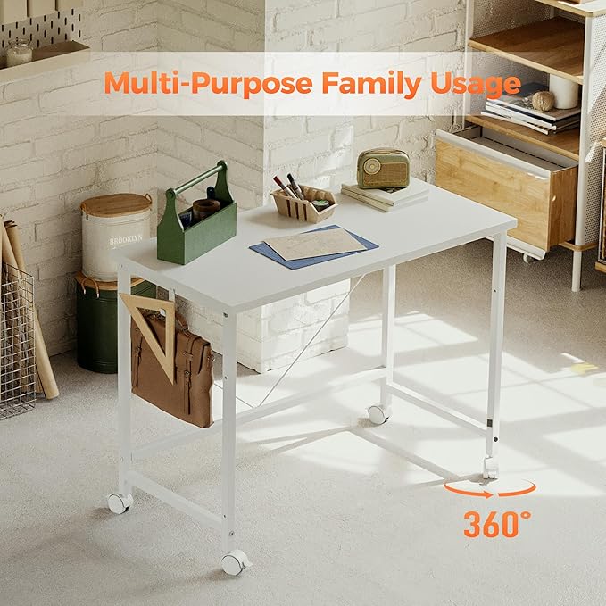 Rolling Computer Desk with Wheels, Gaming Desk for Small Spaces, Modern Simple Style Table for Home Office, Study Writing Table (Caster, White, 32 inch)