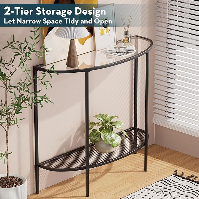SAYGOER Glass Half Moon Console Table 2 Tier Narrow Entryway Table with Black Metal Frames, Modern Couch Table Small Entry Way Tables, Easy Assembly, Clear Glass