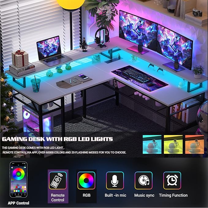 Unikito L Shaped Computer Desk with LED Strip and Power Outlets, Reversible Corner Desk with Monitor Stand and Storage Shelf, Modern Gaming Home Office Table with USB Ports, White