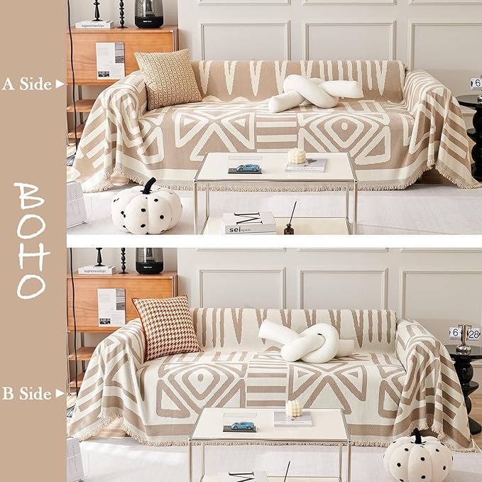 HANDONTIME Sofa Covers for Sectional Sofa Set Boho Couch Cover for Dogs Khaki Throw Couch Cover with Tassel Loveseat Covers Futon Cover L Shaped Cover Washable Chenille Couch Protector, 91" X134"