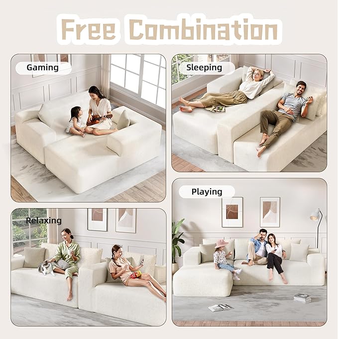 Cloud Sectional Couch, 104”L-Shape Oversized Sofa with Right Chaise Lounge, Modular Sleeper Couch with Pillows & Deep Seat, Rain Drop Velvet Fabric Compressed Sofa for Living Room, Beige