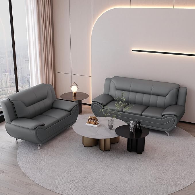 Container Furniture Direct Michael Modern Faux Leather Upholstered Stainless Steel Legs Living Room Sofa, Loveseat, Sleek Gray