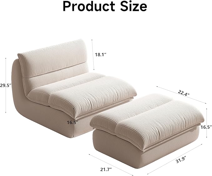 Bean Bag Chair with Ottoman, Cozy Comfy Reading Nook Chairs, Ultra Soft Corduroy Fabric Bean Bag Chairs for Adults, Reading Chair with Ottoman for Living Room, Bedroom Apartment (Beige)
