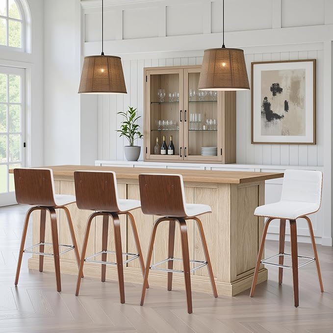 Armen Living Vienna Modern Swivel 30" Bar Height Barstool with White Faux Leather and Walnut Wood Finish